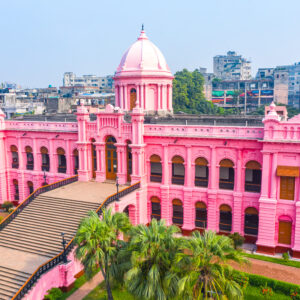 Aerial view of the pink Ahsan Manzil palace museum in Old Dhaka, a key stop on the Trip Glider heritage tour.